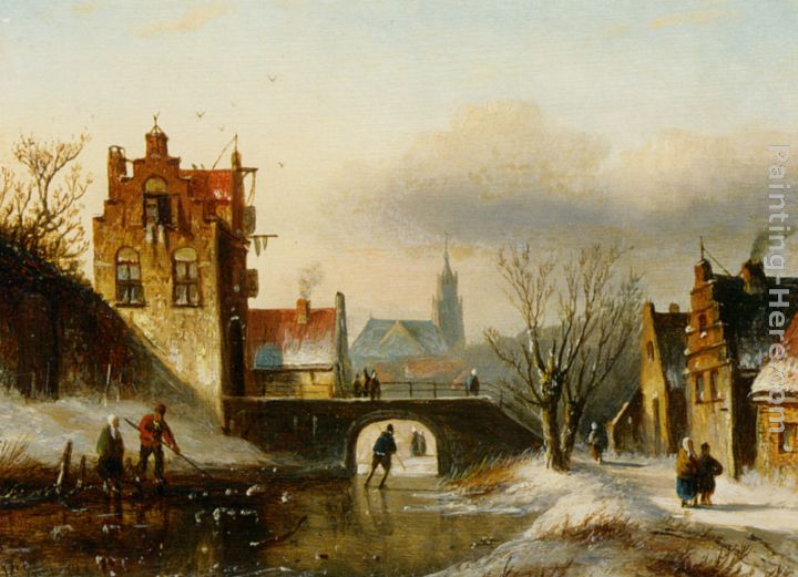 Figures on a frozen canal in a Dutch town painting - Jan Jacob Coenraad Spohler Figures on a frozen canal in a Dutch town art painting